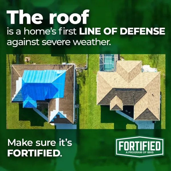 Graphic comparing a tarped storm-damaged roof to a FORTIFIED roof: the roof is a home's first line of defense against severe weather
